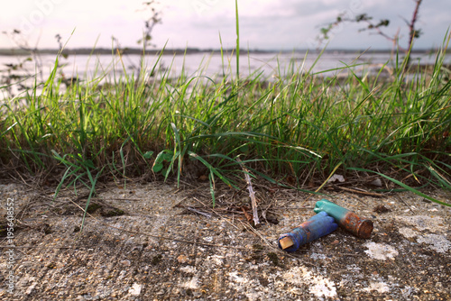 Foto Coastal ecosystem Litter - Shotgun Shells on Sea Wall by Tidal Salt Marsh at Gol