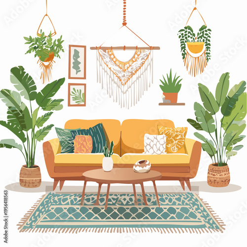 Boho Wohnzimmer mit vielen Pflanzen und warmen Naturfarben