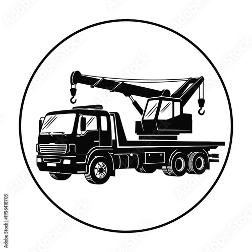 Tow truck with crane illustration in circular frame heavy duty vehicle black and white design towing service recovery truck