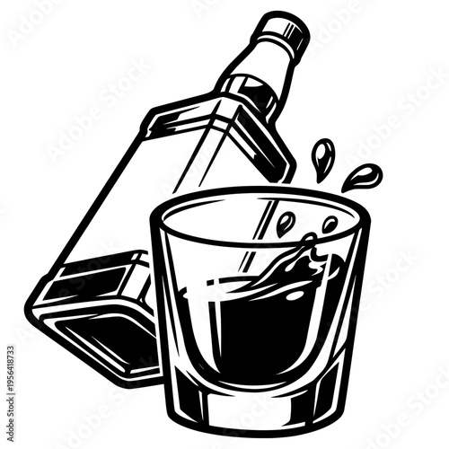 Whiskey Bottle and Glass Silhouette Vector Icon Alcohol Drink Bar Beverage