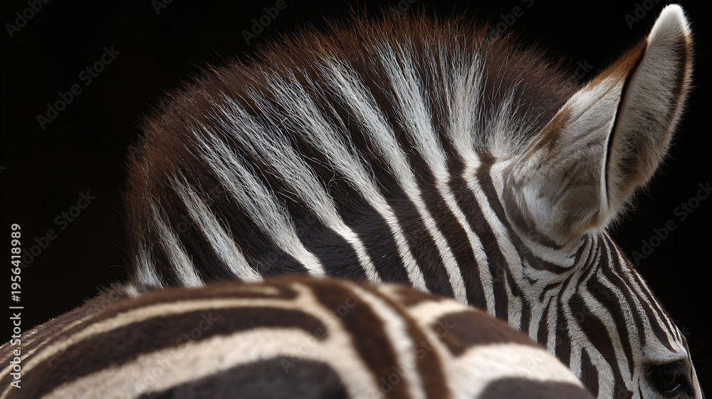 Fototapeta premium Striking Close-up of Zebra's Head and Neck with Distinctive Black and White Stripes, Showcasing Unique Pattern and Texture against Dark Background