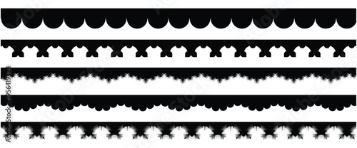 Scalloped edge seamless set. borders and dividers. Simple scalloped border. Repeat cute vintage frill ornament. Texture ribbons. Vector illustration isolated on white background. 