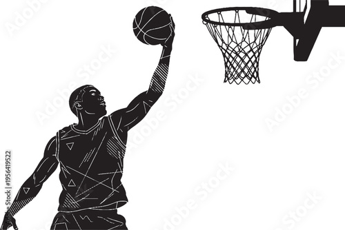 Dynamic basketball player executing a shot in mid-air towards the hoop