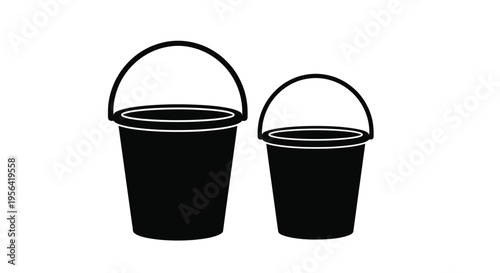 Two black buckets of differing sizes stand side by side