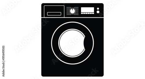Black and white illustration of a front loading washing machine appliance