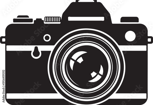 Classic black and white film camera icon design with detailed lens view.