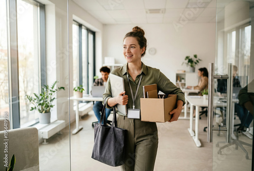 Young female professional arriving for first day at work in modern office