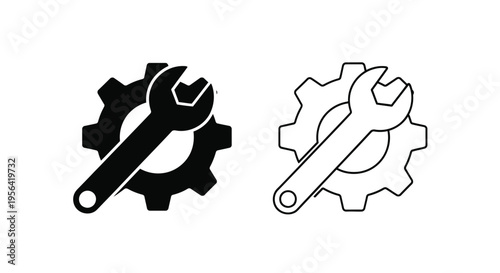 Two wrench and gear icons one filled and one outlined in black and white