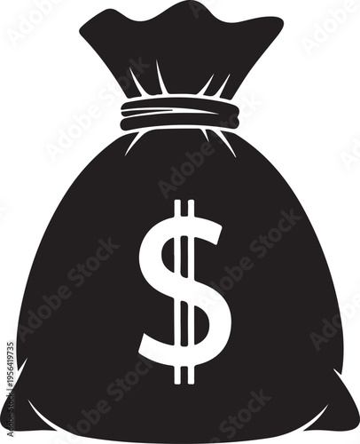 Black drawstring bag with a prominent dollar sign symbol inside