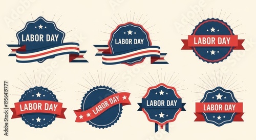 Labor Day badges set with ribbons and stars poster banner download 2026 2027