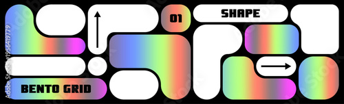 Modern bento grid layout elements, abstract rounded shapes with vibrant holographic gradients and UI design components