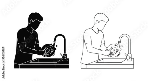 A person washing hands at a sink shown in two contrasting styles