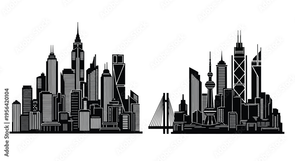 Naklejka premium Stylized black and white cityscape featuring modern buildings and skylines