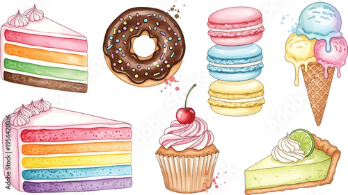 Vector Illustration Watercolor Sweet Desserts Collection