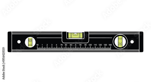 A black spirit level with a yellow bubble indicating a level surface