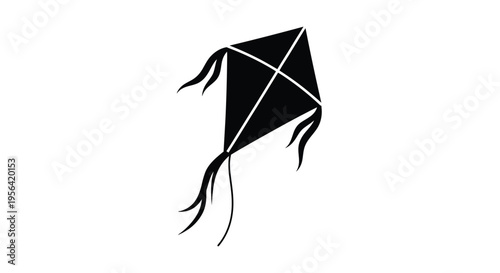 A simple black silhouette of a diamond shaped kite floating in space