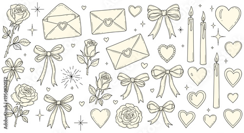 Vintage Valentines Day stationery set with bows and hearts in soft beige line art on white background for wedding invitation