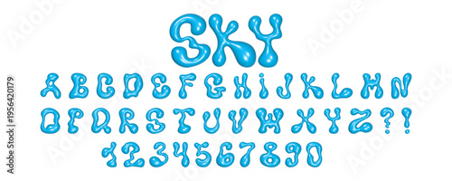 Colorful wavy 3D font depicting liquid letters and numbers with a glossy reflective texture on a white background.