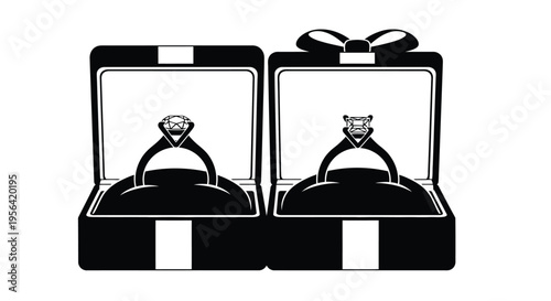 Two open ring boxes displaying diamond engagement rings black and white