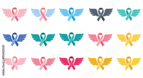 Colorful Awareness Ribbons with Wings Illustration.
