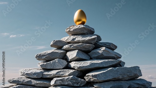 Golden egg on stacked stone cairn against clear blue sky for value, rarity and achievement concept