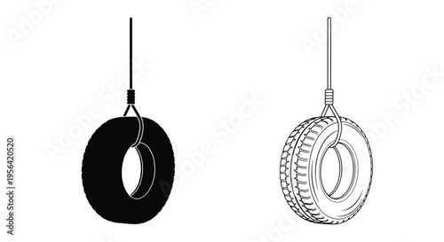 Two tire swings hanging from ropes one solid black and one detailed