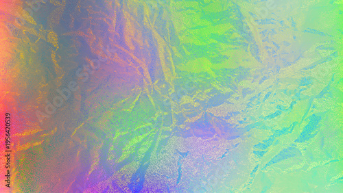 Holographic crumpled foil texture with iridescent gradient. Abstract acid graphics background with vibrant neon colors and stippling noise effect.