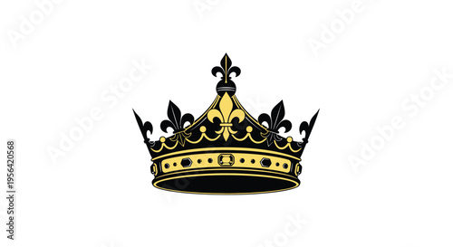 A golden crown with fleur de lis designs and jeweled accents displayed