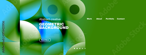 Modern website mockup. Vibrant colors, geometric shapes, text overlay, navigation menu present. Clean design aesthetic.