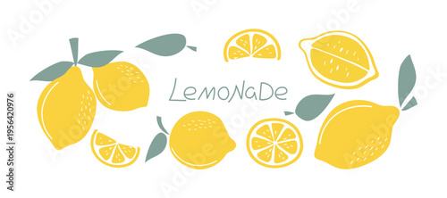 Lemons, lemonade ingredients. Set simple fruits. Hand lettering. Colored citrus fruits and leaves. Vitamin natural food, slices and whole lemon. Vector graphics. Isolated on white background.