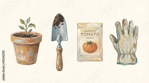 Watercolor illustration of gardening essentials for home projects a seedling, trowel, seed packet, and gloves for a productive planting season
