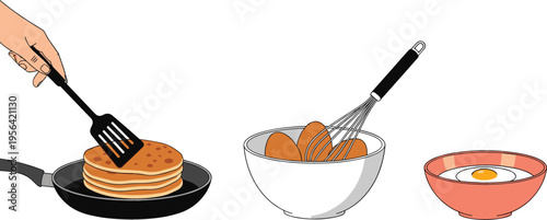 Cooking Process Illustration Set with Pancakes Frying Eggs and Mixing Ingredients Kitchen Preparation Steps Collection Isolated on White Background