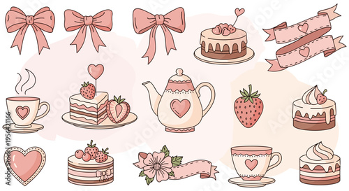 Whimsical Valentines Day sweet treats and tea set in soft pastel colors on white background for greeting card