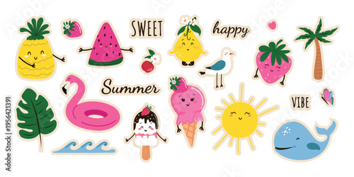 Hand-drawn set of stickers for summer vacations with funny characters. Vector illustration in a trendy flat style.