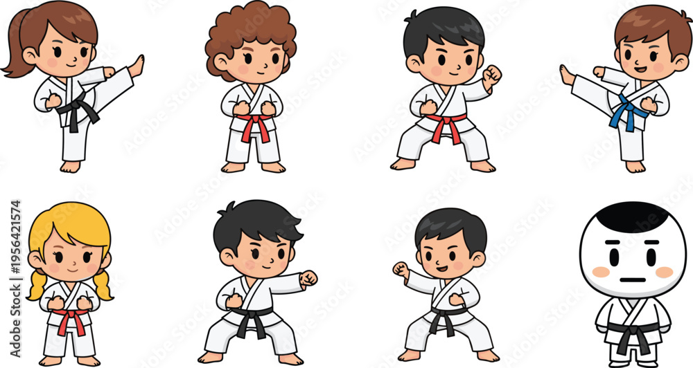 Obraz premium Cartoon Illustration of Diverse Kids Practicing Karate with Different Belt Colors in Action Poses for Kids' Sports, Education, and Martial Arts Designs