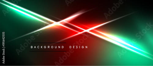 Abstract neon lines intersect dark background. Vibrant green, red, white hues create dynamic visual effect. Modern design element.