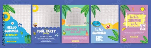 Summer Sale A4 Print Ready Flyer Poster Templates Set Summer Party Leaflet Brochure Cover Design Layout Bundle Tropical Elements Background Travel Vacation Editable Marketing Advertising Pack