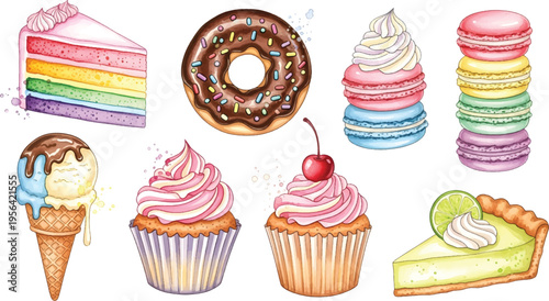 Vector Illustration Watercolor Desserts and Sweets Collection