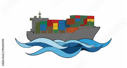 Modern Container Ship Icon with Ocean Waves Symbolizing Global Maritime Trade and Cargo Transport