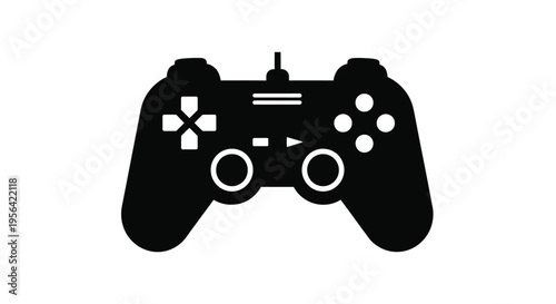 A black silhouette of a modern video game controller facing forward
