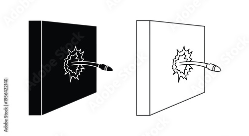 Bullet impacting a rectangular surface shown in two contrasting versions