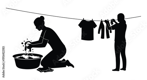 A silhouette shows a person washing clothes and another hanging laundry