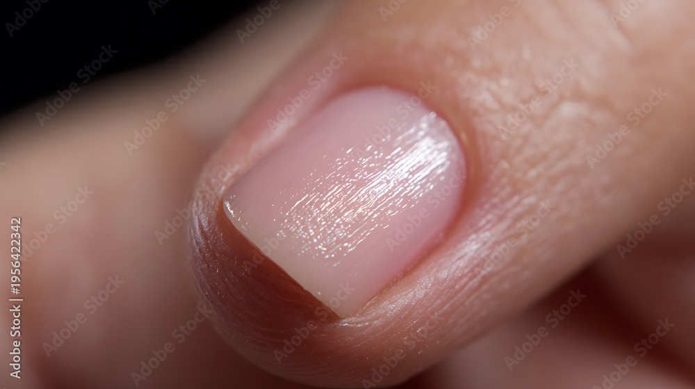 Fototapeta premium Close up macro view of a healthy finger nail with natural soft pink polish, highlighting manicure, beauty, and personal care concepts on black background