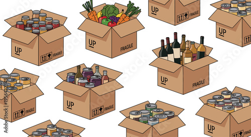 Moving Boxes with Groceries Canned Food and Bottles Vector Set Packing and Shipping Cardboard Boxes Collection Isolated on White Background Illustration