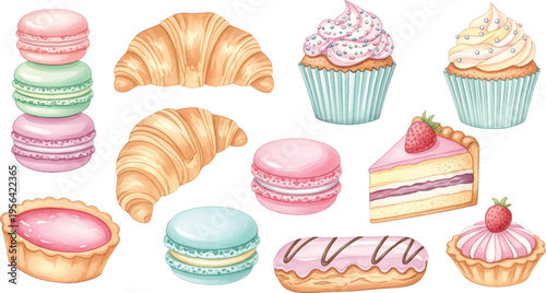 Vector Illustration Assortment of French Pastries and Sweet Bakery Desserts