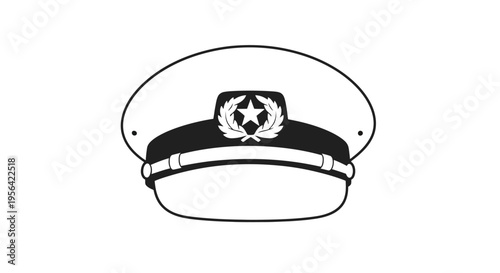 A black and white illustration of a captain s hat with a star emblem