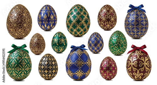 Collection of elaborate jeweled and gilded ornamental Easter eggs featuring intricate patterns