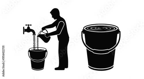 Silhouette of a man filling a bucket with water from a tap