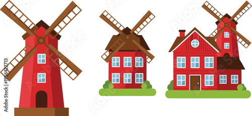Red Windmill House Vector Illustration Set Featuring Different Designs and Styles for Rural, Farm, and Countryside Illustrations