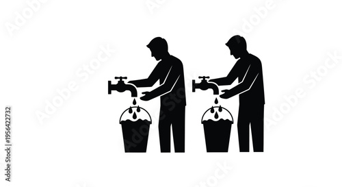 Two figures filling buckets with water from adjacent faucets